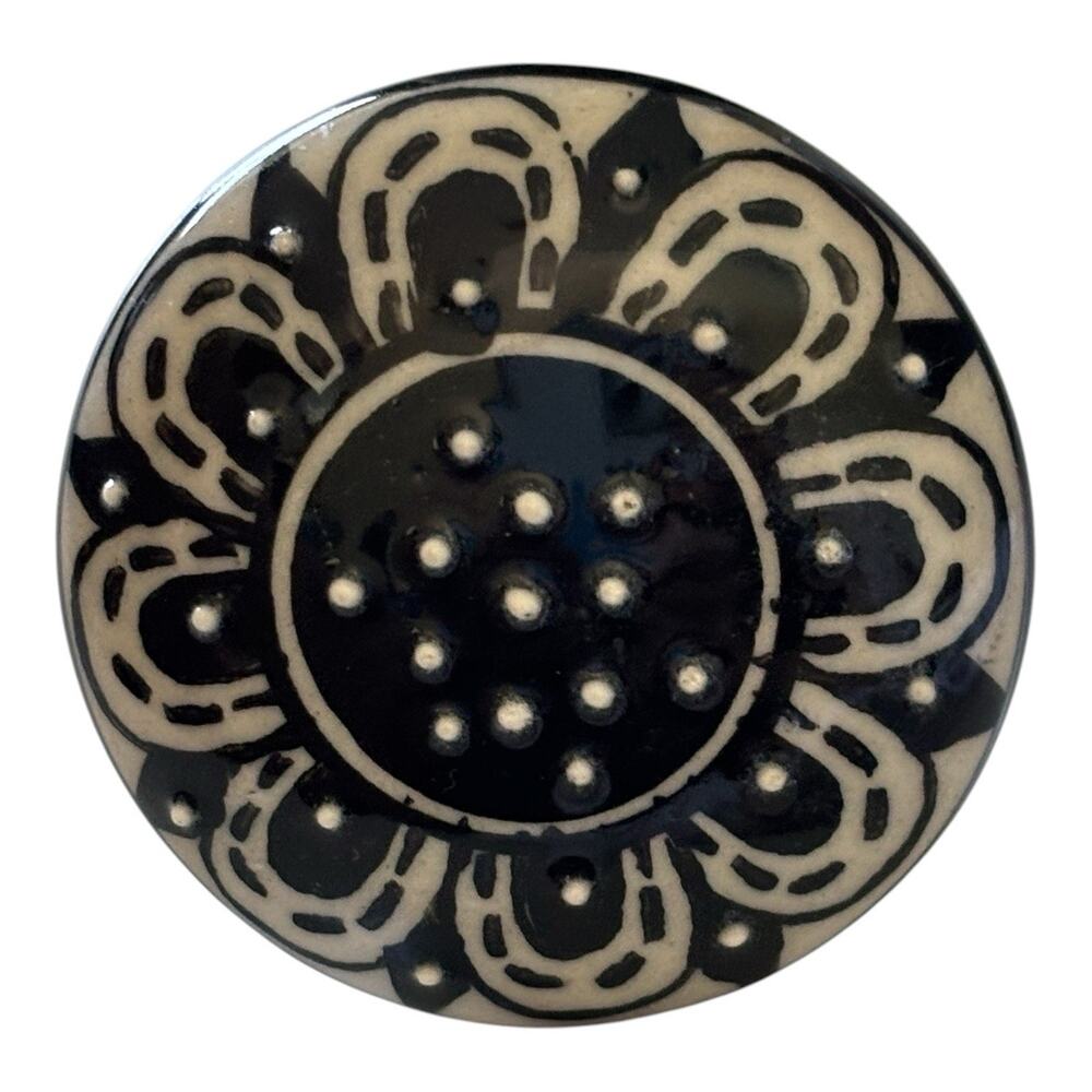 Ceramic Knob 1.75" Black and White Floral Geometric Design NOS